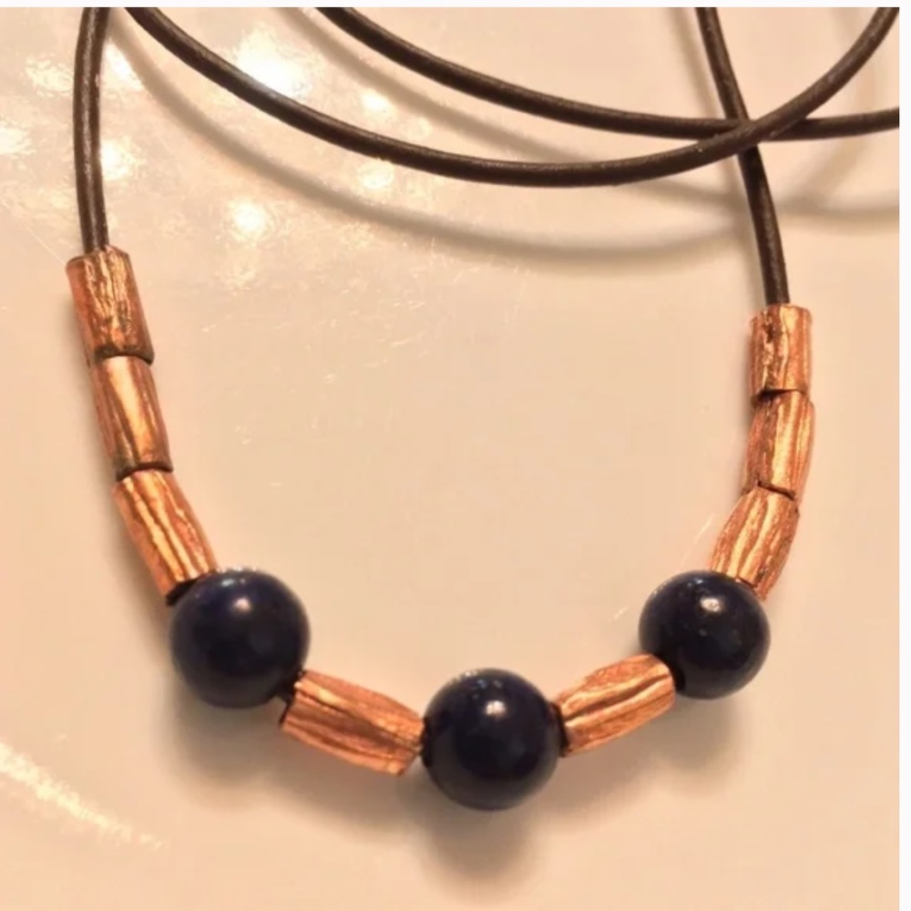 ARTISAN Brown Leather Lapis Lazuli Copper Beads Necklace 24” length